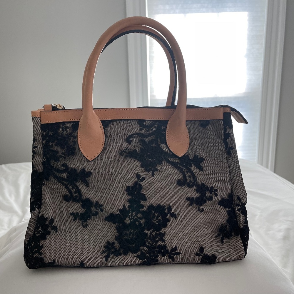 NEW! Black Lace and Nude Leather Clever Carriage Handbag.